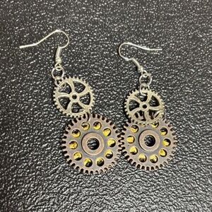 Steampunk Brutalist Gear Earrings in Silver and Gold Dangle Unique